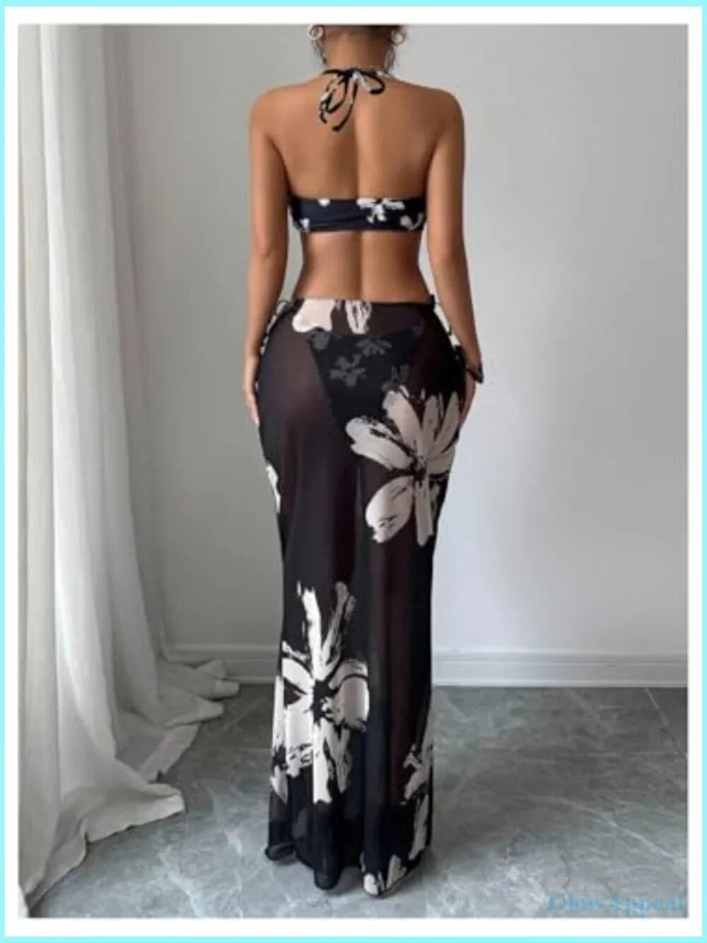 3 Piece Boho Floral Halter Bikini Set with Beach Cover Up Skirt
